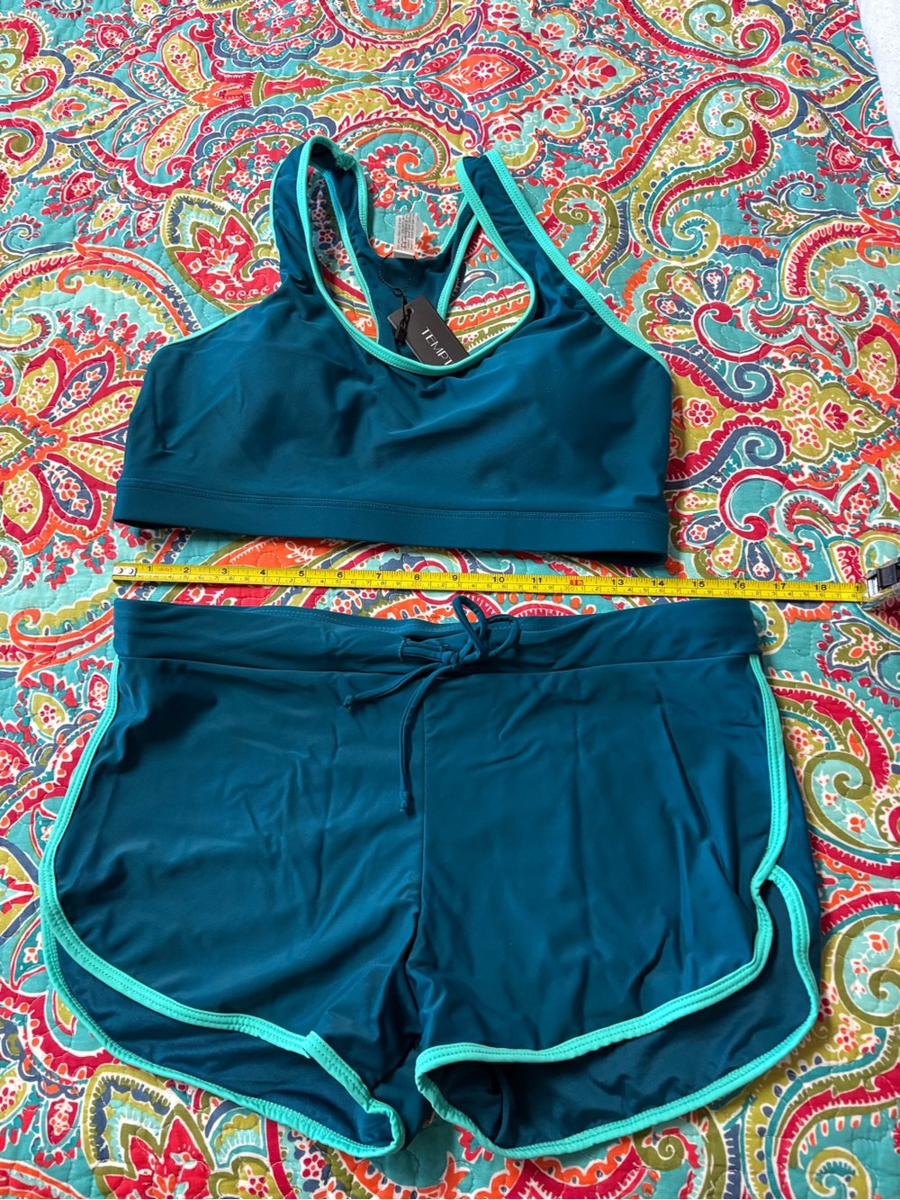 TRULY Teal Racerback Swim Top and Teal Shorts Set with Aqua Trim
